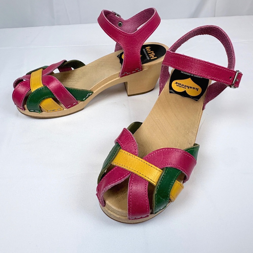 Swedish Hasbeens Toffel Woven Leather Wood Clog Sandals Pink Green EU 37 US 7